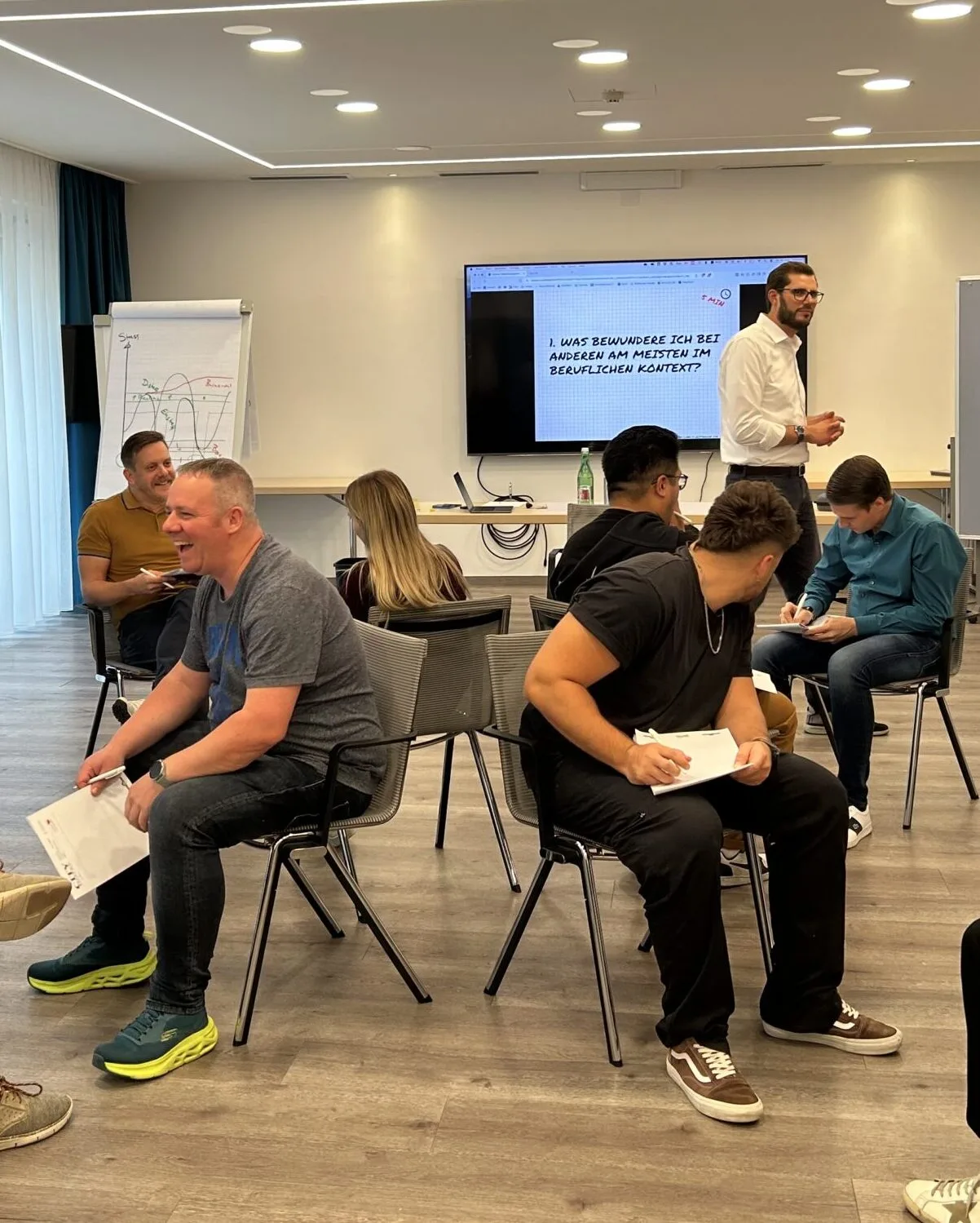 Trainer und Teilnehmende im Austausch während eines Führungskräfte-Seminars von People Excellence