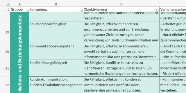Vorschau des Kompetenzkatalogs mit Kompetenzen, Objektivierung und Verhaltensankern